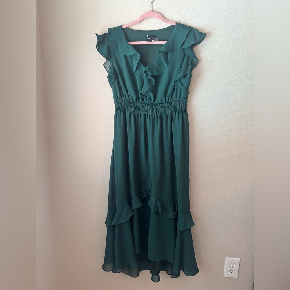 Maison Tara Forest Green High-Low Ruffle Dress